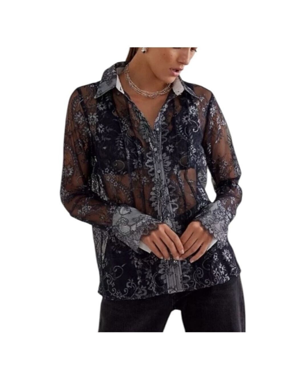 Anthropologie Maeve Grey Silver Lace Floral Blouse Shirt Sz S Whimsigoth grunge